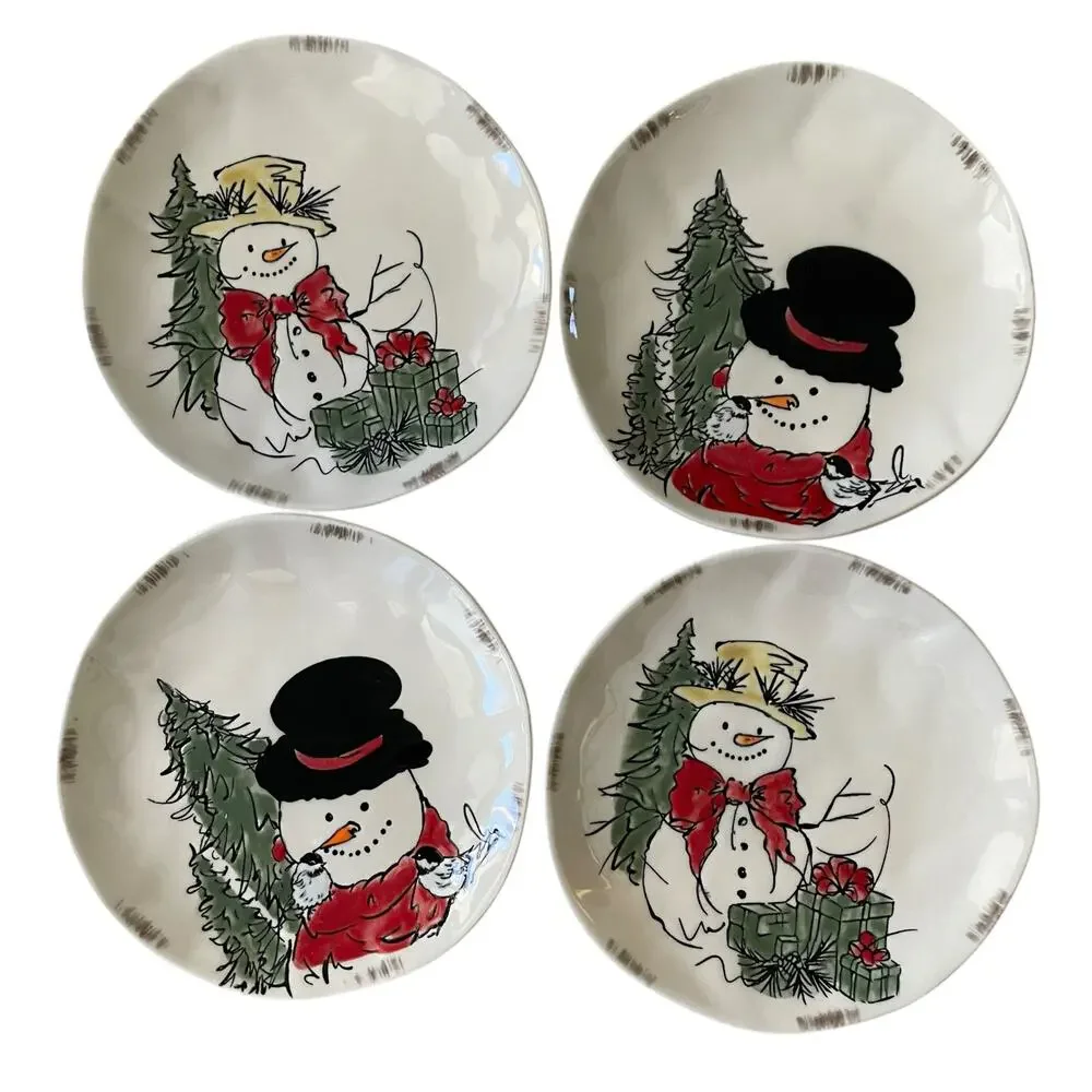 Grace Teaware Christmas SNOWMAN Porcelain Salad Plates 8.5in Set of 4 New